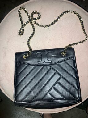 Tory Burch Black Quilted Leather Shoulder Bag with Gold Chain Strap